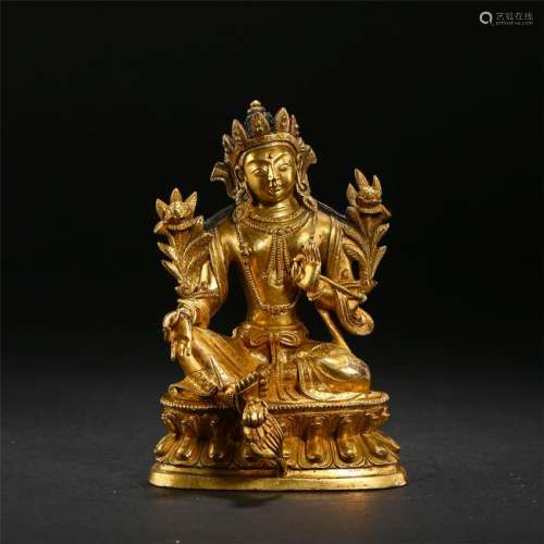 TIBETAN GILT BRONZE SEATED TARA WITH LOTUS