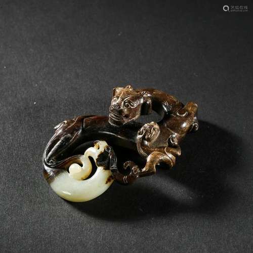 CHINESE WHITE BLACK JADE DRAGON PLAQUE