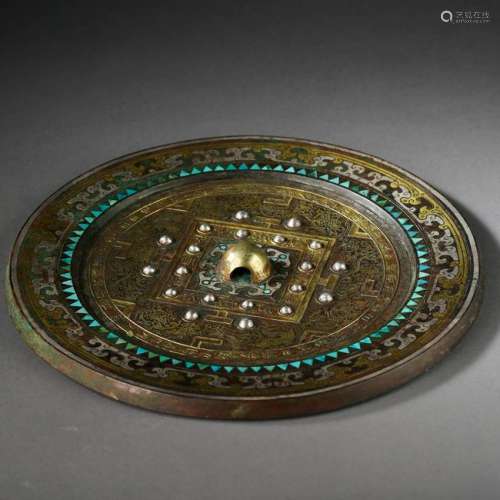 CHINESE GOLD TURQUOISE INLAID BRONZE ROUND MIRROR