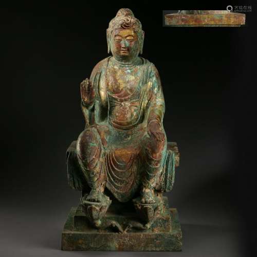 CHINESE ANCIENT BRONZE SEATED BUDDHA TANG DYNASTY