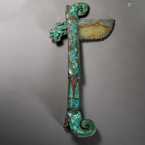 CHINESE TURQUOISE JADE ANCIENT BRONZE HAND SPEAR