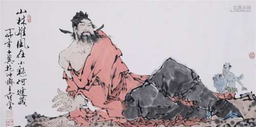 CHINESE SCROLL PAINTING OF MAN WITH GHOST