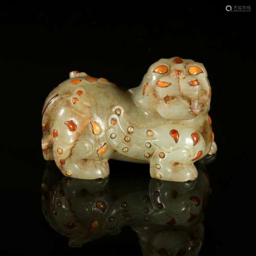 CHINESE AGATE INLAID ANCIENT JADE BEAST