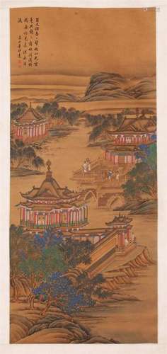 CHINESE SCROLL PAINTING OF PALACE IN MOUNTAIN