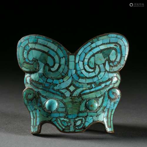 CHINESE TURQUOISE INLAID BEAST FACE PLAQUE