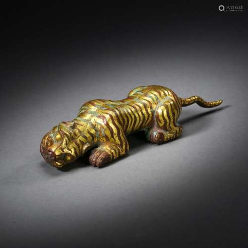 CHINESE GOLD INLAID BRONZE TIGER