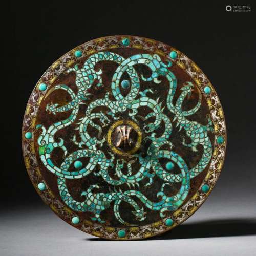 CHINESE SILVER GOLD TURQUOISE INLAID BRONZE DRAGON MIRROR