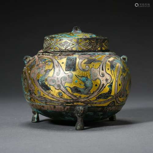 CHINESE SILVER GOLD INLAID BRONZE LIDDED ROUND JAR