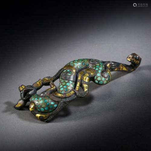 CHINES E SILVER GOLD TURQUOISE INLAID BROZNE DRAGON BELT HOOK