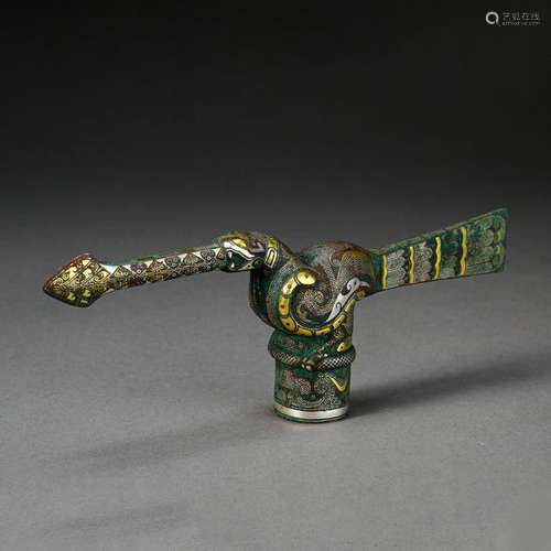 CHINESE SILVER GOLD INLAID CANE HANDLE