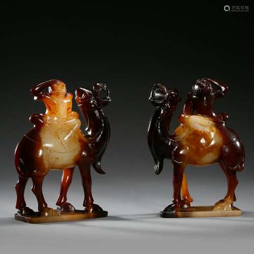 PAIR OF CHINESE ANCIENT JADE MAN ON CAMEL