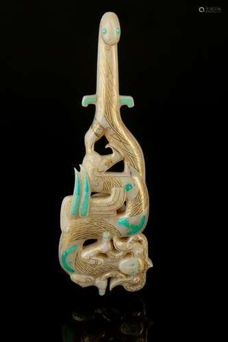 CHINESE GOLD SILVER TURQUOISE INLAID DRAGON BELT HOOK