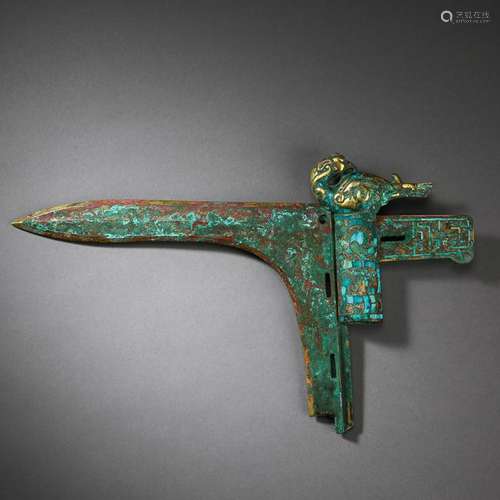 CHINESE GOLD TURQUOISE INLAID BRONZE SPEAR HEAD