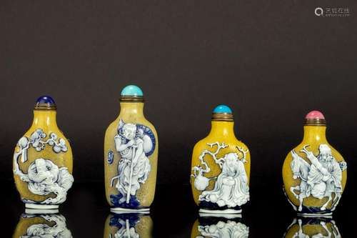 FOUR CHINESE PEKING GLASS LOHAN SNUFF BOTTLES