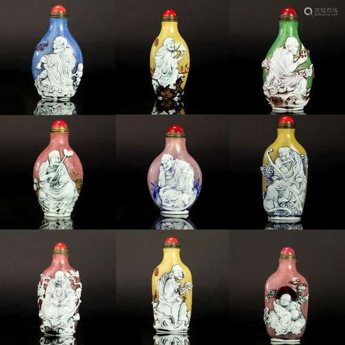 NINE CHINESE DOUBLE COLOR PEKING GLASS LOHAN SNUFF BOTTLES