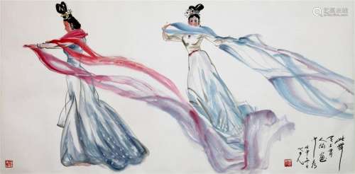 CHINESE SCROLL PAINTING OF FEMALE DANCERS