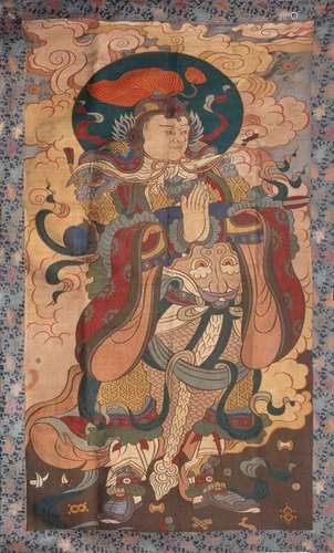 CHINESE EMBROIDERY TEAPSTRY OF STANDING BUDDHIST GUARDIAN