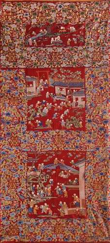 CHINESE RED EMBROIDERY TAPESTRY OF BOY PLAYING