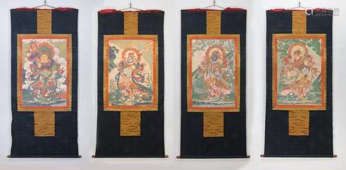 FOUR PANELS OF CHINESE THANGKA OF STANDING BUDDHIST GUARDIAN