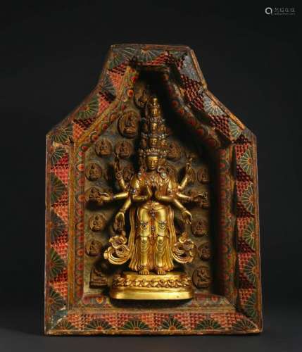 CHINESE GEM STONE INLAID GILT BRONZE STANDING GUANYIN IN LACQUER NICHE