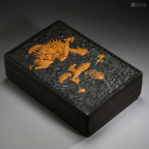 CHINESE HARDWOOD ZITAN BOXWOOD DRAGON LIDDED SQUARE BOX