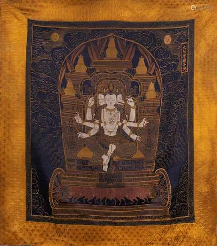 CHINESE EMBROIDERY THANGKA OF SEATED BUDDHA