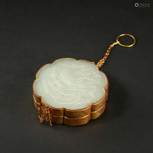 CHINESE GOLD MOUNTED  WHTE JADE PLAQUE INCENSE CAGE
