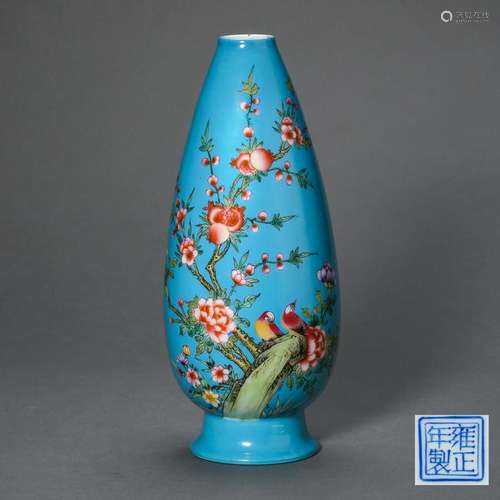 CHINESE PORCELAIN BLUE GROUND FAMILLE ROSE PEACH VASE