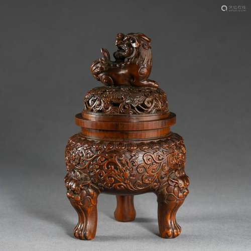 CHINESE BAMBOO TRIPLE FEET BEAST LIDDED CENSER