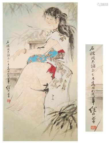 CHINESE SCROLL PAINTING OF BEAUTY AND BAMBOO