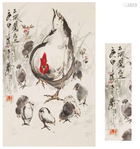 CHINESE SCROLL PAINTING OF CHICKEN FAMILY