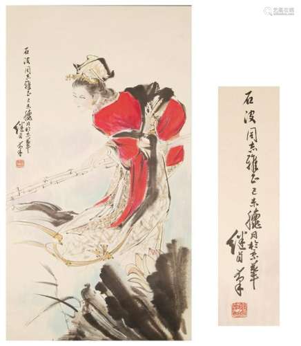 CHINESE SCROLL PAINTING OF BEAUTY AND FLOWER