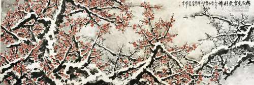 LARGE CHINESE SCROLL PAINTING OF PLUM BLOSSOMMINGS