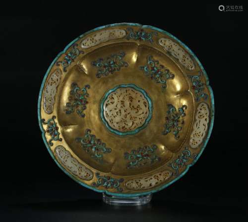 Gilt Bronze Inlaid Turquoise and Jade Plate
