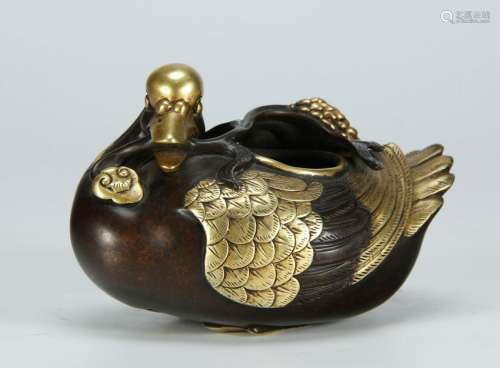 Bronze and Part of Gilt Mandrain Duck Water Pot