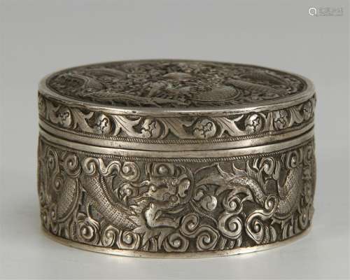 Silver Round Box with Dragon Pattern