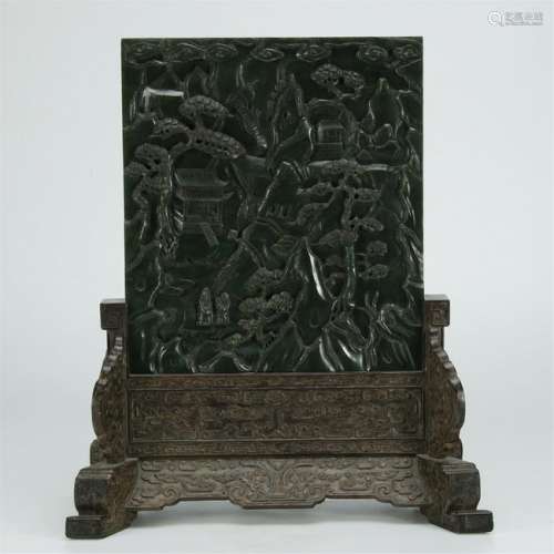Green Jade carved Landscape and Figures  Screen with
