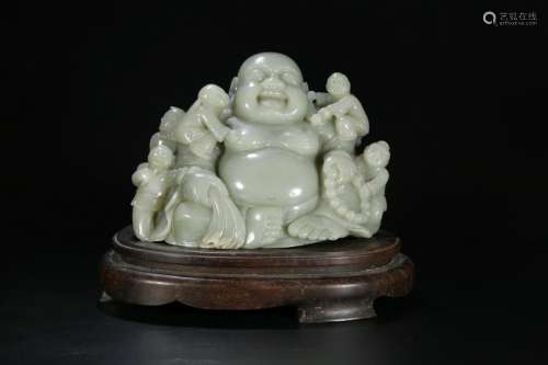 Green and White Jade Five Boys Play with Buddha