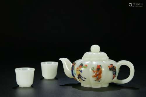 A Set of Hetian Jade Inlaid Gemstones Tea Pot
