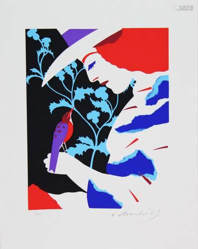 ÅKE ARENHILL. Woman and bird. FÃ¤rgserigrafi. Signed.