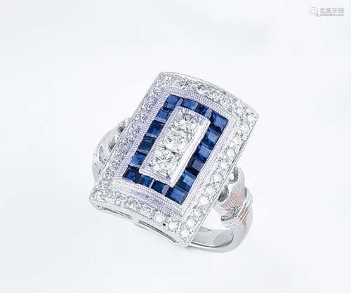 Pt900鉑金鑲鑽石藍寶石戒指