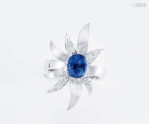 Pt900鉑金鑲鑽石藍寶石戒指