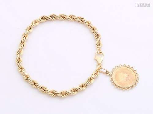 Yellow gold cord bracelet with gold coin, 585/000. Cord