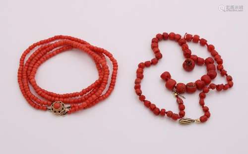Two blood coral necklaces. Necklace with 2 rows of red