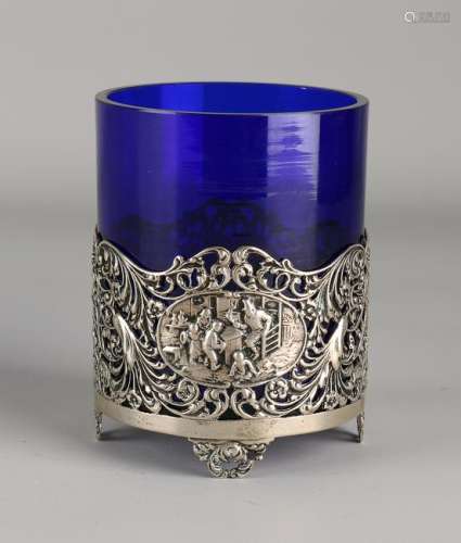 Silver holder, 835/000, with blue glass. Round holder