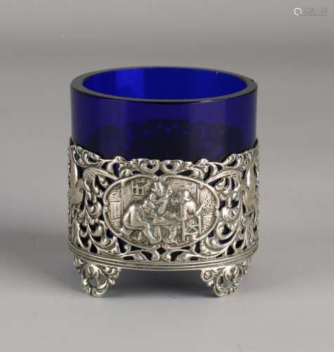 Silver holder, 835/000, with blue glass. Round holder