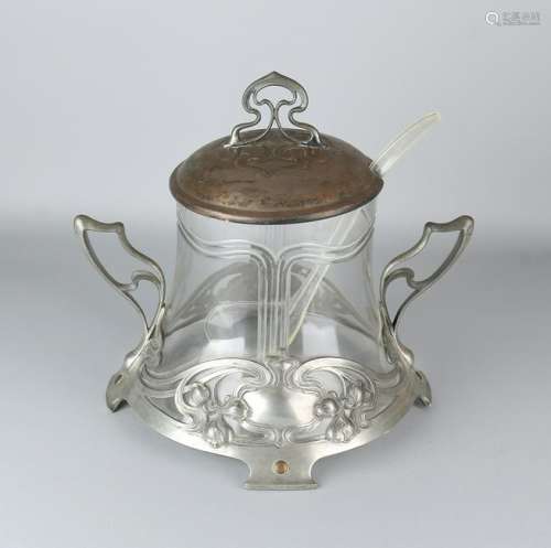 Large antique metal Jugendstil bowlpot with glass.