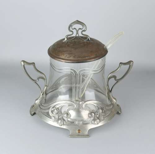 Large antique metal Jugendstil bowlpot with glass.