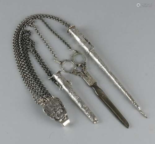 Silver chatelaine with knitting sheath, scissors and