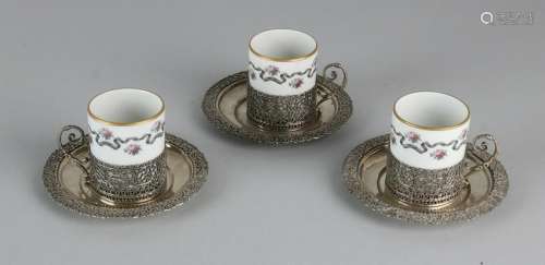 Set with 3 limoge cups with silver holder and matching